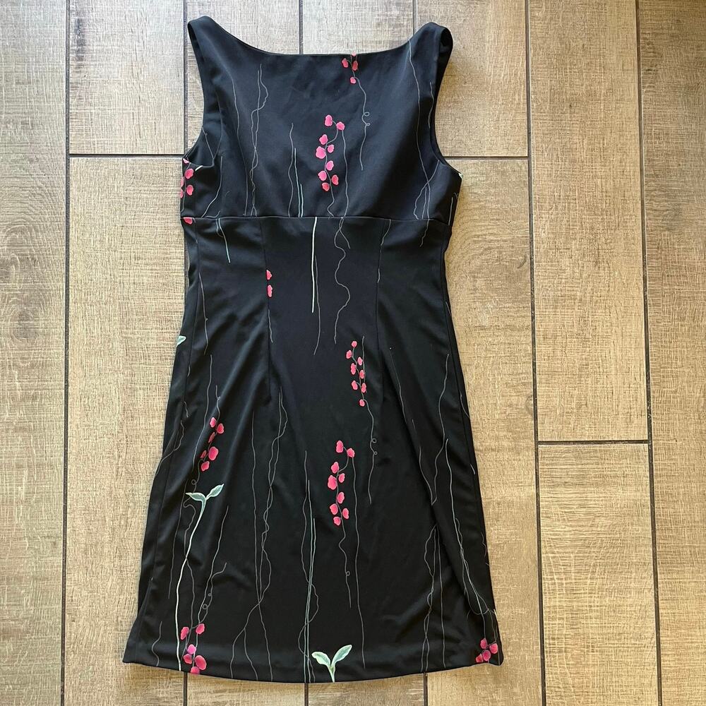 BCBG Dress 90s Y2K Black Floral Print Sleeveless V-Neck Stretch Size Small USA - Picture 2 of 8